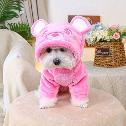 PETSIN 1 件宠物猫狗通用可爱粉色毛绒熊耳朵连帽运动衫，舒适角色扮演连帽衫