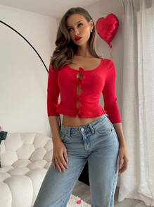SHEIN Essnce Women's Solid Color 3D Floral Decor Long Sleeve Casual Knit Top - Red - View 1