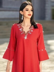 Layrah Elegant Hand-Sewn Rhinestone Embellished Maxi Length Long Robe With Slit, Simple Design, Kaftan & Jalabiya, Luxury Evening Dresses For Women,Modest - Red - View 8