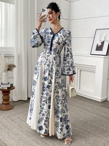 Yasmyna Vestido estilo árabe con estampado floral, cuello en V y mangas acampanadas, modesto, para mujer