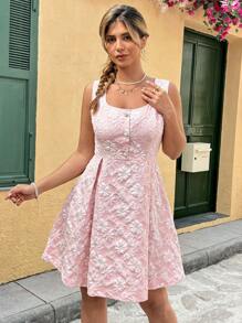 Flirla 大码女式波西米亚风方领褶皱腰纹理连衣裙，适合夏季 - 粉色 - 查看 6