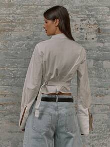 MUSERA Tailored Cropped Button Up Long Cuff Cinch Waist Collared Shirt Vacation Spring Summer - White - View 3