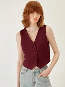 BizChic 女式 V 领纽扣前无袖背心基本款上衣，都市通勤简约时尚基本款商务休闲外套上衣，秋冬办公室穿着 - 酒紅色 - 查看 9