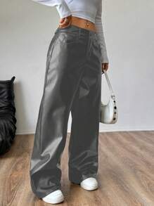 Flirla 女士宽松口袋 PU 皮革直筒裤