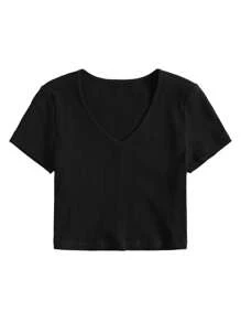 SHEIN EZwear Women's Solid V-Neck Short Sleeve Casual Top, Everyday Wear - Black - View 3