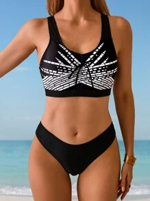 Swim Lushoire Conjunto de traje de baño estilo informal con estampado asimétrico, tirantes anchos y decoración de moño frontal para mujer, ideal para vacaciones de verano