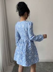 Rafferiza Women's Jacquard Pattern Solid Color Long Sleeve Dress Fall Cloth For Women - Blue - View 2