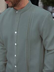 Manfinity Homme Men's Casual Business Commute Solid Color Long Sleeve Button-Up Shirt,Men's Solid Color Texture Casual Wrinkle Double Patch Bag Commuting Light Mature Long Sleeved Button Up Shirt - Cadet Blue - View 5