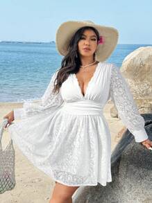 Sunnyshic Plus Size Vrouwen Diepe V-hals Volant Taille Transparante Lange Mouw Mini Kanten Jurk, Geschikt Voor Vakantie En Date