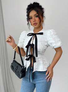 SHEIN Unity Women Contrast Color Splicing Short Sleeve Casual Top, Everyday Wear - Black and White - View 6