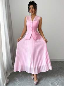 Rafferiza 2 件套女士简约前扣无袖上衣和裙子套装 - 淺粉色 - 查看 7