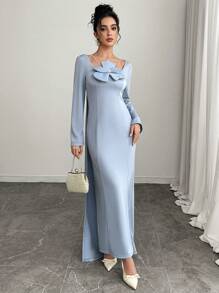 Modelyn Women's Elegant Solid Color 3D Floral Decor Long Sleeve Dress - Blue - View 4