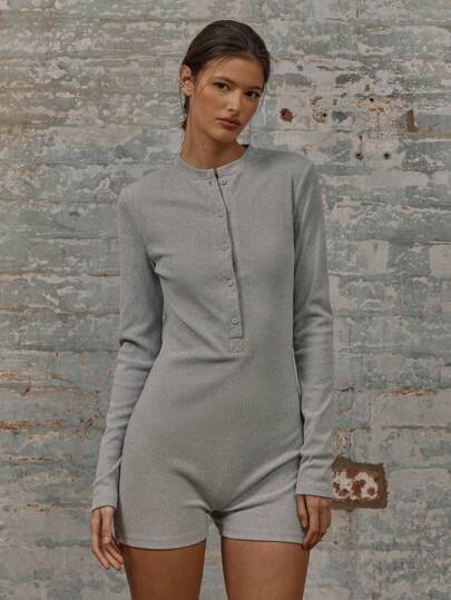 MUSERA Crew Neck Ribbed Button Down Long Sleeve Playsuit, Casual  Summer Vacation Winter Evening