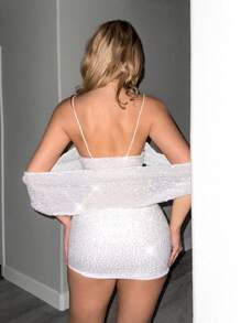 Sweetina Conjunto de 2 peças para Saída no Dia dos Namorados Mulheres, Top de Alça Fina + Saia de Cintura Alta Decorada com Lantejoulas - Damasco - Visão 2