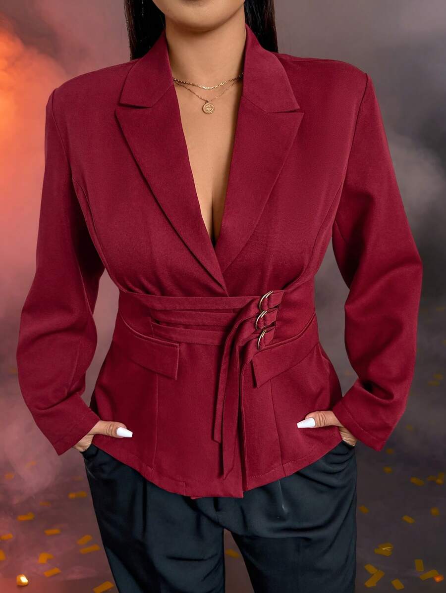 SHEIN Privé Veste taillée à manches longues moderne pour femmes avec taille réglable, élégante pour le domicile, le travail, les occasions Top de gamme, le thé de l'après-midi, les sorties, les concerts, les fêtes, le style vintage, l'académie, l'uniforme d'enseignant, collection du Nouvel An - Rouge foncé - Voir 1