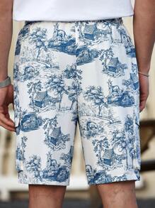 Manfinity Homme Men's Floral Print Drawstring Waist Cargo Shorts - Blue - View 2