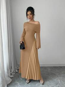 Elenzga 女士优雅时尚通勤迷人派对斜肩不对称下摆褶皱纯色长裙