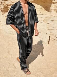 Manfinity Homme 2 件套男士撞色条纹休闲短袖上衣和裤子套装 - 黑色 - 查看 3