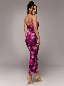 Silquee 性感粉色渐变大花卉印花蕾丝修身长裙，浪漫花卉印花，适合情人节、约会、派对、婚礼、正式场合、日常穿着 - 彩色 - 查看 3