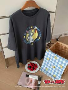 TOM AND JERRY X DAZY 2 件套卡通印花宽松短袖上衣和全印花短裤女士睡衣睡衣套装 - 深灰色 - 查看 5
