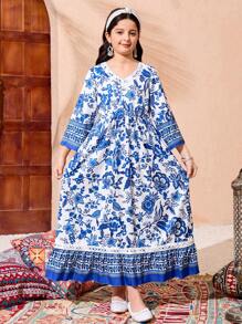 Girl's Blue Floral Print White V-Neck Ruffle Hem Splicing Lace Decor Dress - Multicolor - View 1