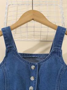 Tween Girl' Y2K Stylish Fitted Lace Trim Pleated Patchwork Washed Denim Sleeveless Top And Elastic Waist Shorts Set,Holiday,Summer,Travel - Medium Wash - View 3