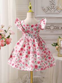 SHEIN Robe de jeune fille à manches volantées avec imprimé de fleurs Ditsy pour Pâques, Glow Young