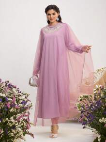 Al Najma 女士粉色两件套仿珍珠圆领长袖网眼拼接简约阿拉伯风装春季情人节