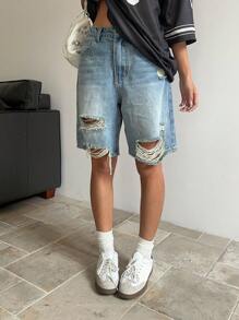 SHEIN ICON 女士牛仔百慕大短裤，休闲破洞工装百慕大短裤，蓝色，夏季服装，女士春季服装，女士沙滩装，女士早午餐装，女士牛仔装 Y2k 女士服装 - 藍色 - 查看 1
