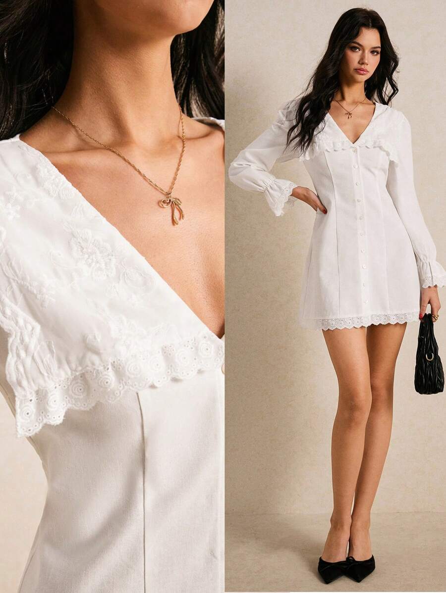 Poéselle 女士纯色前扣长袖简约休闲短裙 - 白色 - 查看 1