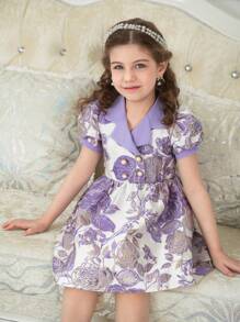 Purple Jacquard Girls Vintage Garden Elegant Ruched Collar Puff Sleeve A-Line Dress, Suitable For Summer Party & Wedding, Young Girl Formal Dress - Purple - View 1