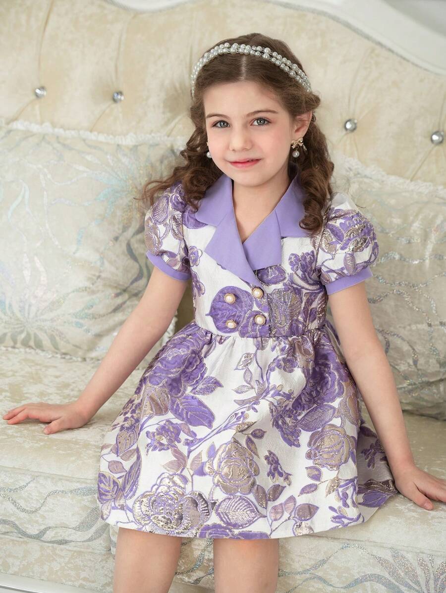 Purple Jacquard Girls Vintage Garden Elegant Ruched Collar Puff Sleeve A-Line Dress, Suitable For Summer Party & Wedding, Young Girl Formal Dress - Purple - View 1
