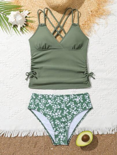 SHEIN 青少年女孩两件套沙滩装套装，纯色吊带上衣和花卉泳裤，坦基尼泳装套装，褶皱后背交叉可调节肩带两件套泳装，夏季假日风格