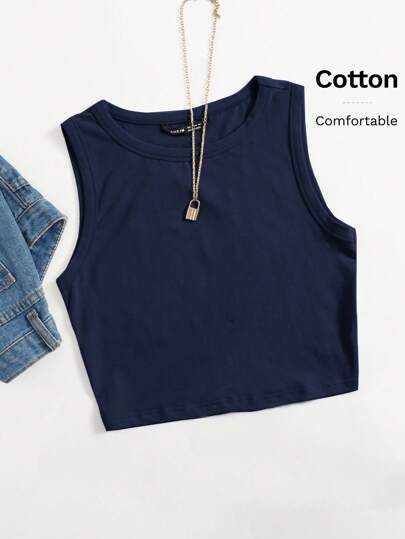 SHEIN EZwear Top simple à col rond sans manches de couleur unie, casual pour un usage quotidien