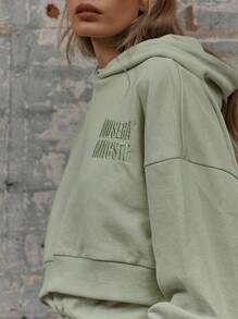 MUSERA Boxy Fit Hip Length Cuff Sleeve Embroidered Detail Hoodie