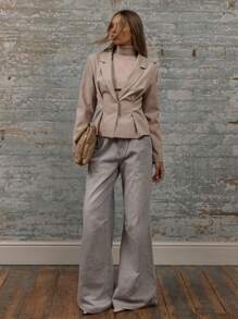 MUSERA Tailored Cinch Waist Pleat Detail Sculpting Tapered Sleeve Lapel Jacket - Khaki - View 3