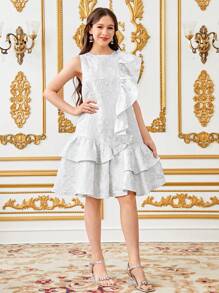 SHEIN Vestido sin mangas con ruedo asimétrico y volantes de satén con jacquard de brocado elegante para adolescentes, adecuado para bodas, fiestas y festivales