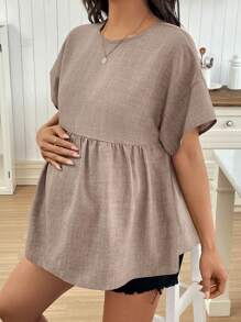 SHEIN 孕妇简约纯色圆领短袖褶皱衬衫，休闲日常穿着 - 杏色 - 查看 7