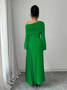 Elenzga Women's Elegant Fashion Office Lady Charming Party Oblique Shoulder Ruched Asymmetric Hem Solid Color Green Long Dress Fall Cloth For Women - Green - View 2
