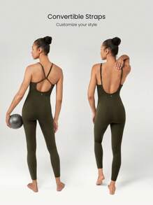 GLOWMODE Jumpsuit Bodysuit FeatherFit™ U-Back 26" dengan Kantong Pengontrol Perut, Dukungan Ringan, dan Dampak Rendah untuk Yoga, Pilates, dan Studio Musim Panas. - Hijau Tentara - View 4