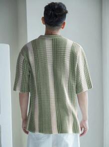 DAZY Men's Contrast Stripe Front Button Short Sleeve Knit Top, Summer Vacation - Army Green - View 2