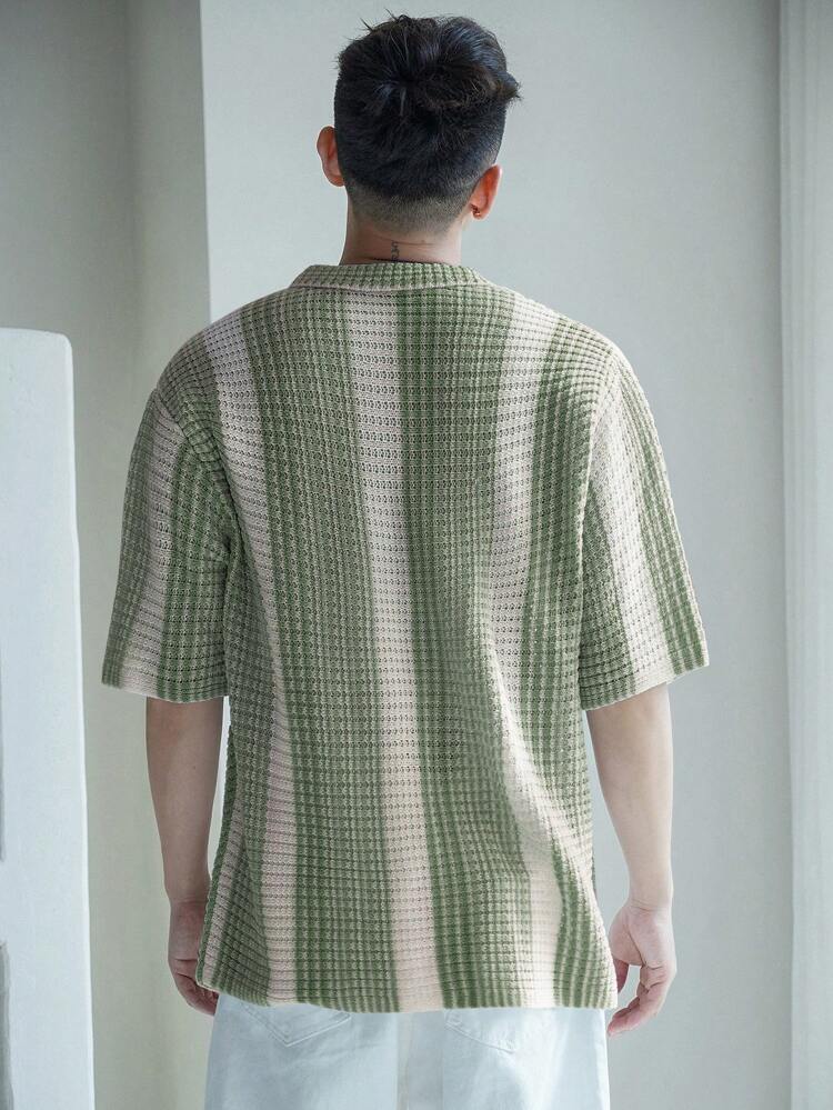 Men's Contrast Stripe Front Button Short Sleeve Knit Top, Summer Vacation