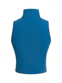 Solid Color Casual Stand Collar Sports Tank Top, For Yoga & Running - Navy Blue - View 2