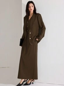 Heiryn 3 Piece Women's Casual Set: Solid Color Long Sleeve Blazer Jacket, Vest, And Mini Skirt In Fall/Winter - Brown - View 3