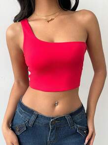 SHEIN BASICS 2 piezas Top corto ajustado de un solo hombro de punto de unicolor informal para mujer