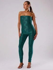 MUSERA Blumen-Spitzen-Bandeau-Unitard-Jumpsuit, sexy Club Frühling Sommer Urlaub elegant - Dunkelgrün - Übersicht 1