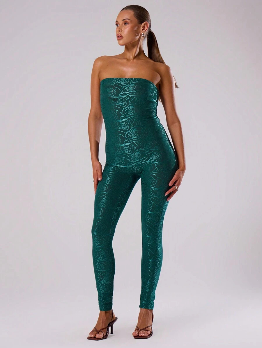 MUSERA Blumen-Spitzen-Bandeau-Unitard-Jumpsuit, sexy Club Frühling Sommer Urlaub elegant - Dunkelgrün - Übersicht 1