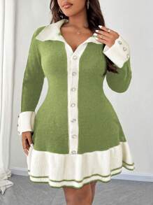 SHEIN Unity Vestido de punto con bloqueo de color, volantes y decoración con botones para mujer talla grande, elegante vestido largo para otoño/invierno - Verde - Ver 5