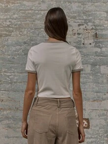 MUSERA Cropped Contrast Trim Ribbed Fitted T-Shirt Casual Summer Vacation Spring Summer Fall - Cream - View 3
