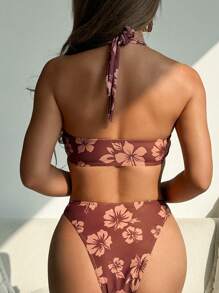 SHEIN Swim 性感时尚露背花卉印花女士夏季泳衣套装 - 彩色 - 查看 2